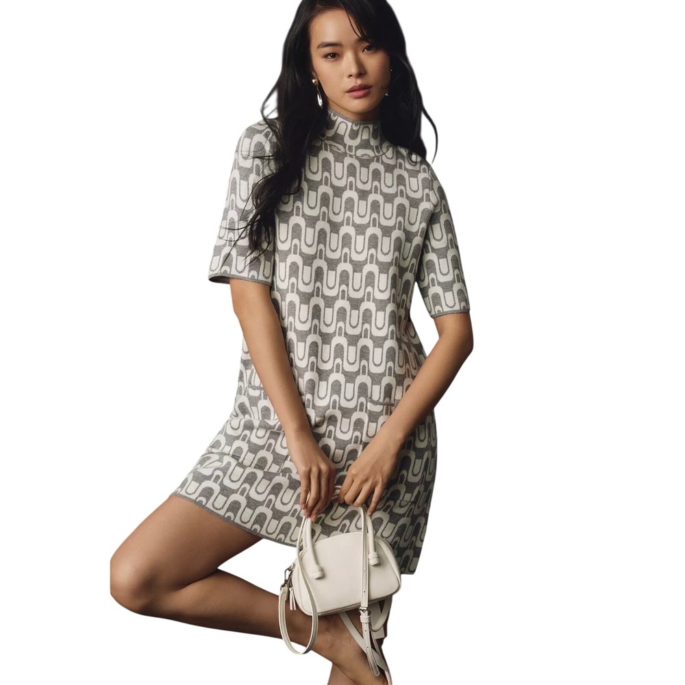 Anthropologie Maeve Geometric Knit Shift Dress Grey White Mock Neck Mini Dress